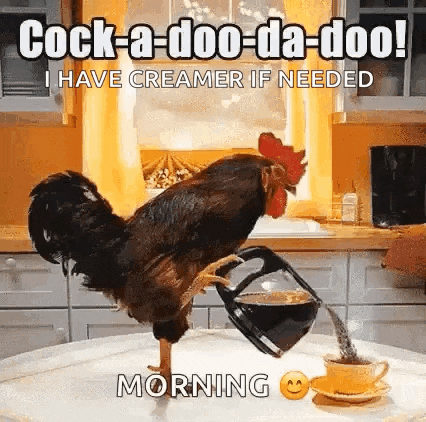 a rooster is pouring coffee into a cup on a counter .