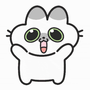 a cartoon drawing of a white cat with green eyes and a pink tongue .