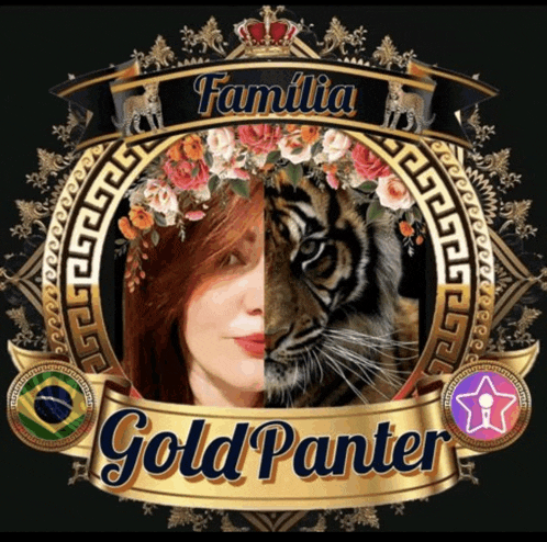 a gold panther logo with a woman and a tiger in it