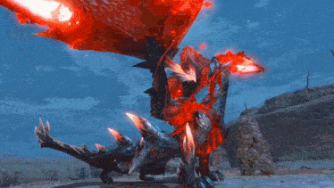 a painting of a dragon with red flames coming out of it 's mouth