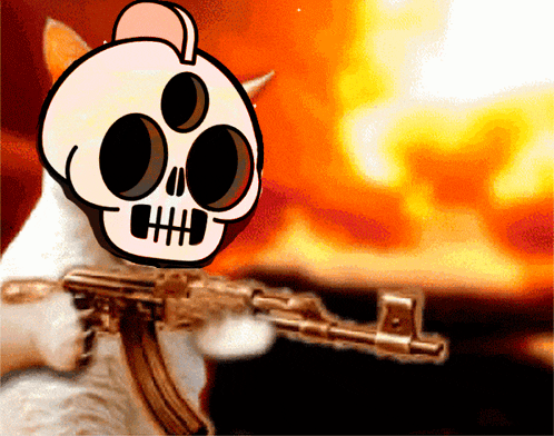 a white cat with a skull on its face holding a gun