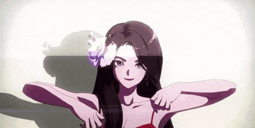 a cartoon girl with long black hair and a flower in her hair .
