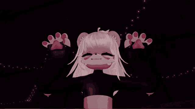 a cartoon character with white hair and paws is standing with her arms outstretched