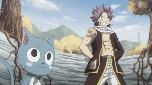 a cartoon character standing next to a happy cat
