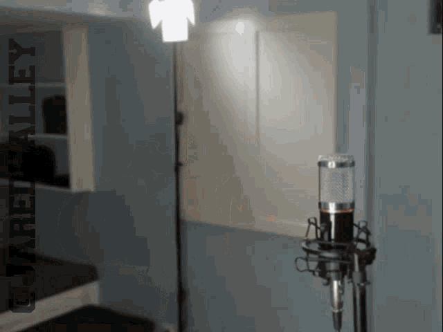 a room with a microphone and a sign that says @core alley