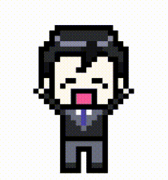 a pixel art drawing of a man in a suit and tie with his tongue out .