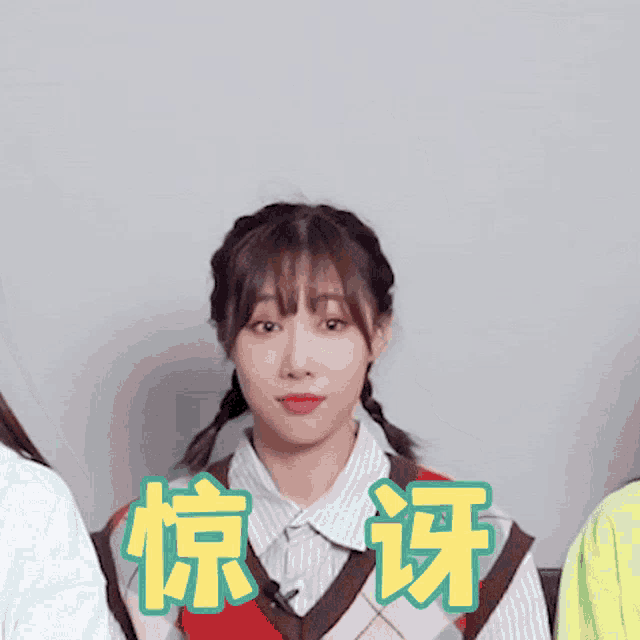 a girl in a plaid vest is making a funny face with chinese characters behind her .