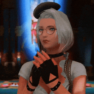 a woman with glasses and a hat is wearing a choker and gloves