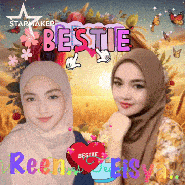 a picture of two women with the word bestie written on it