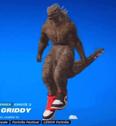 a video game character dressed as a dinosaur is standing on a blue surface .