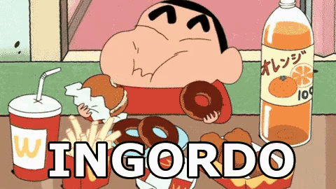 a cartoon character is eating a hamburger and donuts with the word inggordo written on the bottom