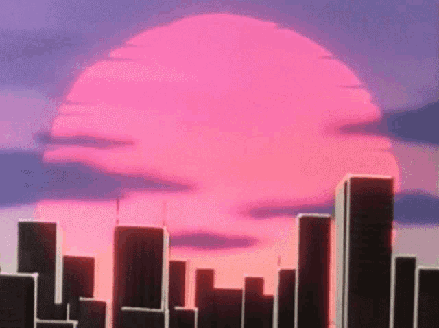 a city skyline at sunset with a large pink sun behind it