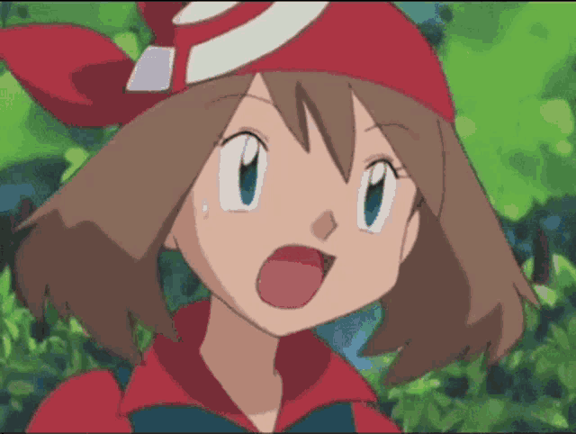 a cartoon girl with brown hair and a red hat