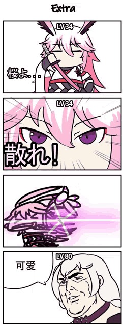 a cartoon of a girl with pink hair and the words extra lv34 lv34 and lv80 on the bottom