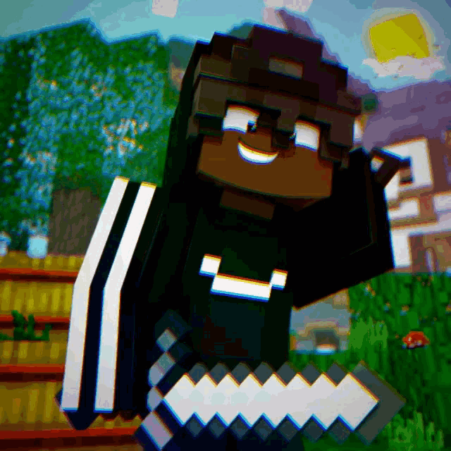 a minecraft character is holding a sword and wearing a black shirt with a smiley face on it