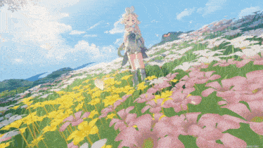 a girl standing in a field of flowers with yellow and pink flowers