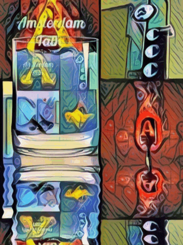 a painting of a fish tank with the word amsterdam written on the bottom
