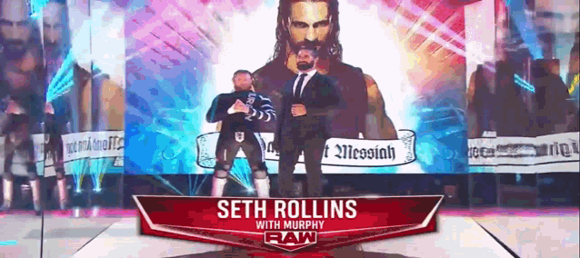 the name seth rollins that is on a red sign
