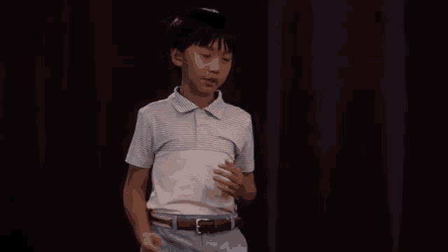 a young boy in a blue and white polo shirt is standing on a stage .