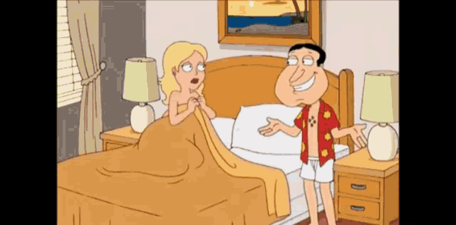 a cartoon of a man standing next to a woman in a bed