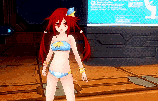 a girl with red hair and a blue and white bikini