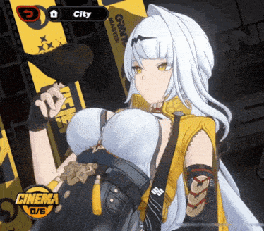 a girl with white hair is standing in front of a sign that says " city "