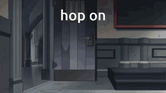 two cartoon characters are standing next to a trash can and the word hop on is above them