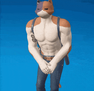 a man with a cat 's head is standing in front of a blue backdrop