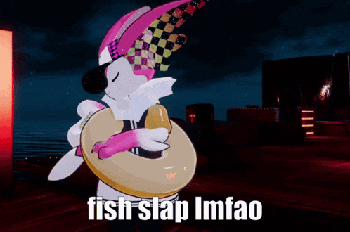 a cartoon character is holding a rubber ring and says " fish slap imfao "