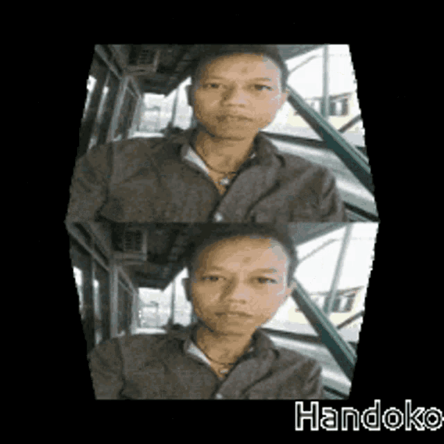 two pictures of a man with the name handoko on the bottom right
