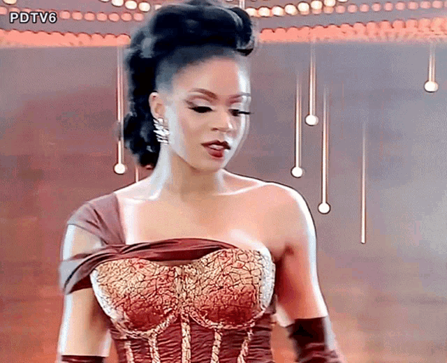 a woman in a corset and gloves with the watermark pdtv6