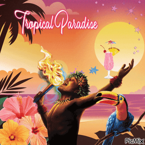 an advertisement for tropical paradise shows a man holding a flaming torch