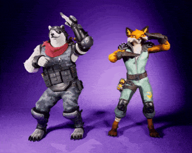 a fox and a polar bear are standing next to each other on a purple background