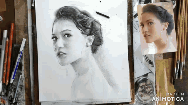 a drawing of a woman 's face is on a piece of paper that says made in animatica