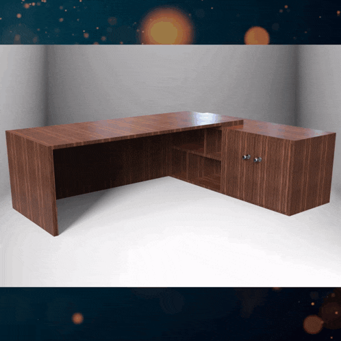 a wooden desk with a cabinet underneath it in a corner of a room
