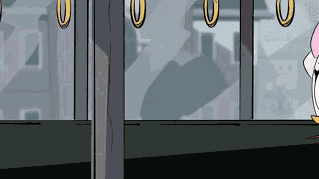 a cartoon drawing of a bus with the letter o on the handles