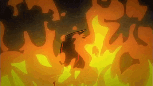 a cartoon character is standing in front of a fire .