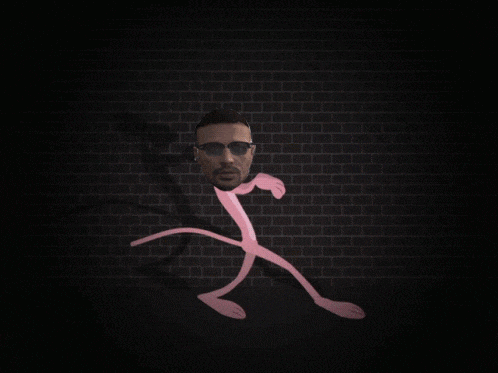 a pink panther with a man 's head behind it