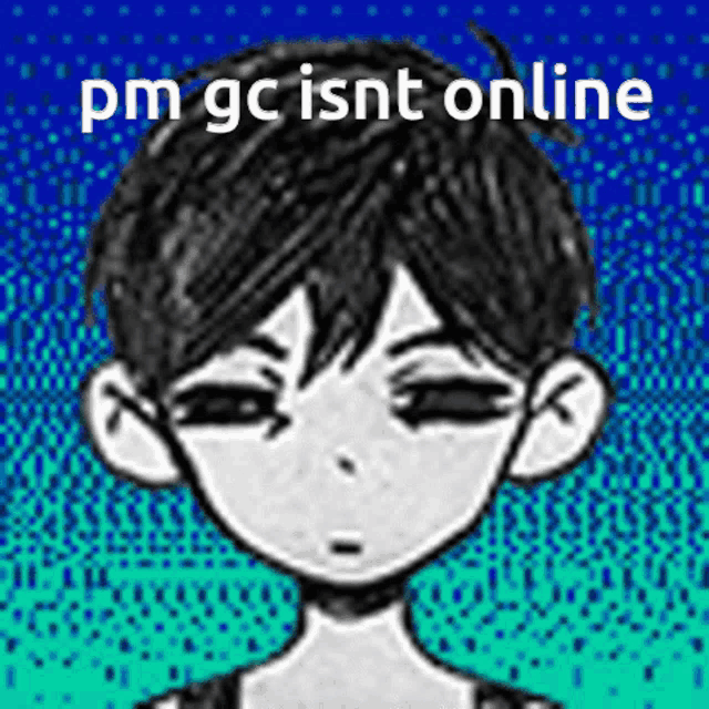 a black and white drawing of a boy with the words pm gc isnt online above him