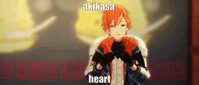 a cartoon character with the words akikasa heart written above him