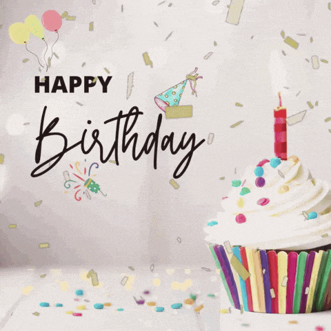 a happy birthday card with a cupcake and candle