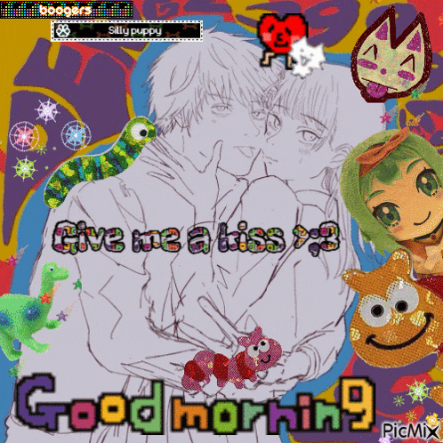 a drawing of a couple kissing with the words give me a kiss on it