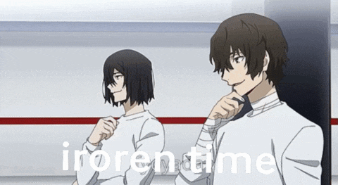two anime characters are standing next to each other in a room with the words irorentime written on the bottom .