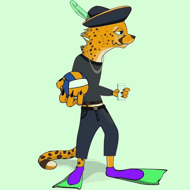 a cartoon of a cheetah holding a ball and a glass of water