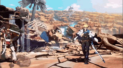 a video game character is holding a sword in a desert setting