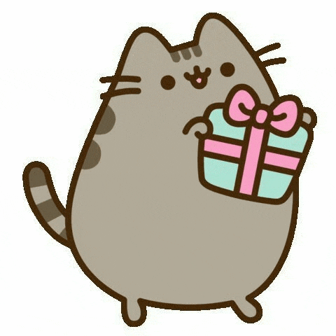 pusheen the cat is holding a gift box with a bow .