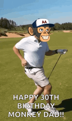 a man with a monkey face on his head is playing golf on a golf course .