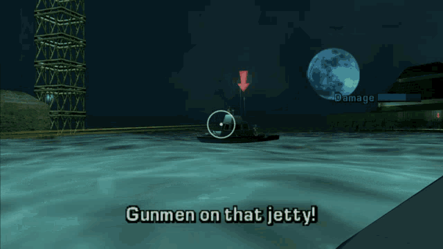 a video game screen shows a boat in the water and says " gunmen on that jetty "
