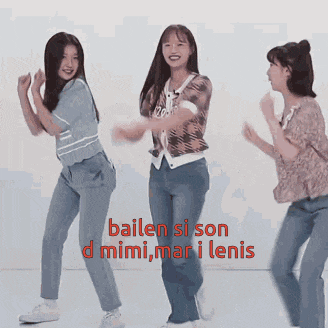 three girls are dancing with the words bailen si son d mimi mar i lenis in red
