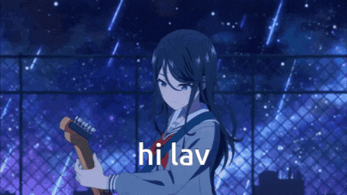 a girl with long hair says hi lav in front of a starry sky
